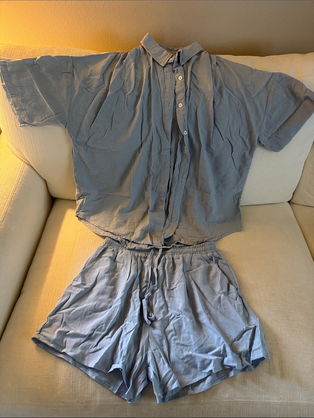 Women’s Medium Light Blue Two-Piece Button Front Top & Drawstring PJ Short Set